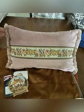 Soft Pink Decorative Throw Pillow with Floral Tapestry Trim